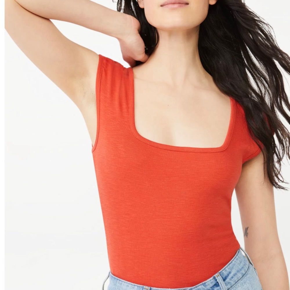 Free Assembly Womens Square Neck Bodysuit w/ Cap Sleeves in Orange Amber sz. XS